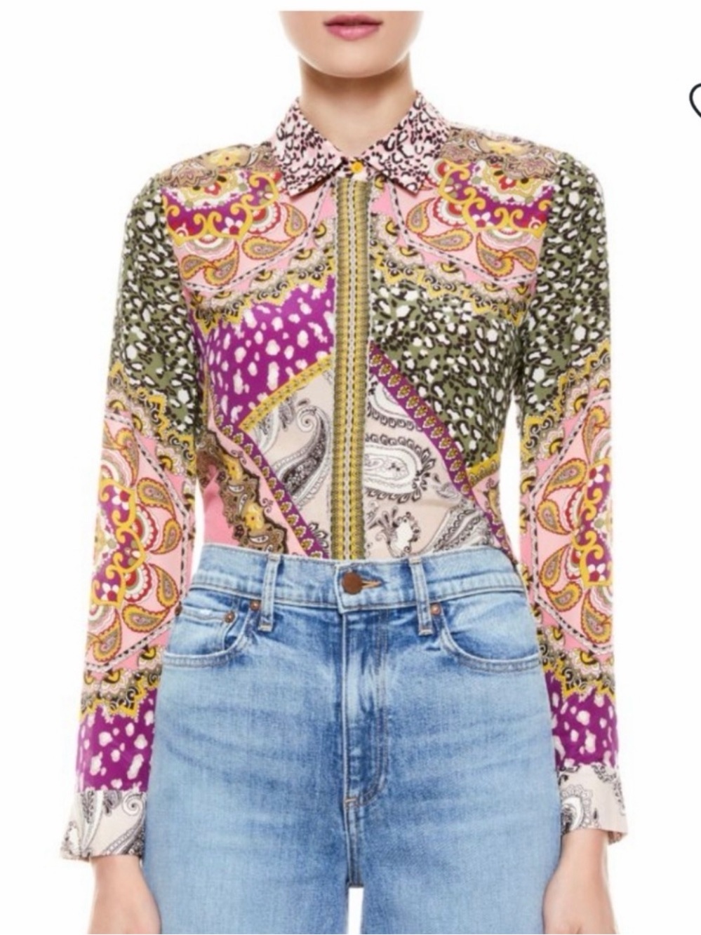 Alice + Olivia Willa Mixed Print Silk Blouse